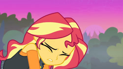 Size: 3410x1920 | Tagged: safe, screencap, sunset shimmer, equestria girls, equestria girls series, forgotten friendship, g4, clothes, female, jacket, jewelry, leather, leather jacket, necklace, sad, solo