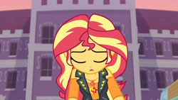 Size: 3410x1920 | Tagged: safe, screencap, sunset shimmer, equestria girls, equestria girls specials, g4, my little pony equestria girls: better together, my little pony equestria girls: forgotten friendship, clothes, cutie mark, cutie mark on clothes, female, geode of empathy, jacket, jewelry, leather, leather jacket, magical geodes, necklace, open mouth, sad, solo