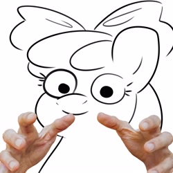 Size: 3000x3000 | Tagged: safe, artist:tjpones, apple bloom, earth pony, pony, g4, female, filly, hand, high res, looking at you, meme, offscreen character, pov, simple background, solo, suddenly hands, vibe check, white background