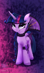 Size: 1800x3000 | Tagged: safe, artist:darksly, twilight sparkle, alicorn, pony, g4, black sclera, clothes, colored wings, evil, fangs, female, high res, lidded eyes, mare, multicolored wings, smiling, solo, twilight sparkle (alicorn), wings