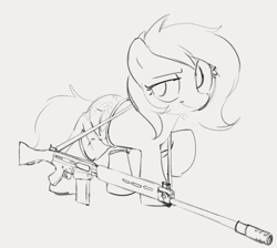 Size: 850x762 | Tagged: safe, artist:dotkwa, oc, oc only, oc:filly anon, earth pony, pony, female, filly, fn fal, gray background, grayscale, gun, monochrome, rifle, simple background, smiling, smirk, solo, weapon