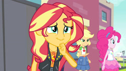 Size: 3410x1920 | Tagged: safe, screencap, applejack, pinkie pie, sunset shimmer, equestria girls, equestria girls specials, g4, my little pony equestria girls: better together, my little pony equestria girls: forgotten friendship, applejack's hat, applejack's skirt, belt, canterlot high, clothes, cowboy hat, cutie mark, cutie mark on clothes, denim skirt, female, geode of empathy, geode of sugar bombs, geode of super strength, hat, jacket, jewelry, leather, leather jacket, magical geodes, necklace, skirt, smiling, tank top