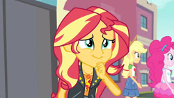 Size: 3410x1920 | Tagged: safe, screencap, applejack, pinkie pie, sunset shimmer, equestria girls, equestria girls specials, g4, my little pony equestria girls: better together, my little pony equestria girls: forgotten friendship, applejack's hat, belt, canterlot high, clothes, cowboy hat, cutie mark, cutie mark on clothes, denim skirt, female, geode of empathy, geode of sugar bombs, geode of super strength, hat, jacket, jewelry, leather, leather jacket, magical geodes, necklace, skirt, smiling, tank top
