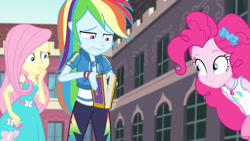 Size: 3410x1920 | Tagged: safe, screencap, fluttershy, pinkie pie, rainbow dash, equestria girls, equestria girls specials, g4, my little pony equestria girls: better together, my little pony equestria girls: forgotten friendship, book, canterlot high, clothes, cutie mark, cutie mark on clothes, female, geode of fauna, geode of sugar bombs, geode of super speed, hoodie, jewelry, magical geodes, necklace, open mouth, smiling, tank top