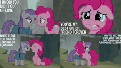Size: 1280x720 | Tagged: safe, edit, edited screencap, editor:quoterific, screencap, maud pie, pinkie pie, earth pony, pony, g4, rock solid friendship, crying, cute, diapinkes, female, floppy ears, hug, lip bite, mare, open mouth, pie sisters, sad, siblings, sisters