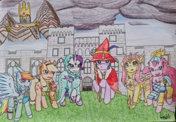 Size: 4032x2810 | Tagged: safe, artist:fireart, applejack, fluttershy, pinkie pie, rainbow dash, rarity, twilight sparkle, g4, armor, bard pie, clothes, crossover, dungeons and dragons, fantasy class, hat, hood, king arthur, lasso, mane six, rainbow rogue, robe, rope, saint seiya, sonic and the black knight, staff, traditional art, wizard hat