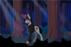 Size: 1500x1000 | Tagged: safe, artist:zariolys, pony, unicorn, the mean 6, blood, clone, clothes, commission, disguise, disguised siren, evil clone, fangs, forest, glowing horn, horn, jewelry, kellin quinn, levitation, long sleeves, magic, male, necklace, outdoors, ponified, shirt, sleeping with sirens, stallion, stick, telekinesis, tree, ych result