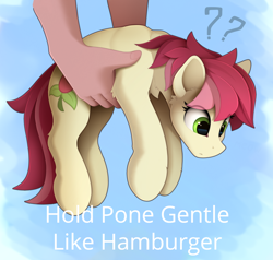 Size: 1810x1720 | Tagged: safe, artist:yakovlev-vad, edit, editor:bandwidth, roseluck, earth pony, human, pony, g4, behaving like a cat, confused, cute, disembodied hand, female, hand, hold x gentle like hamburger, holding a pony, lacrimal caruncle, mare, meme, offscreen character, pony pet, question mark, rosabetes, rosepet, text