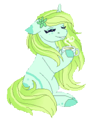 Size: 228x304 | Tagged: safe, artist:inspiredpixels, oc, oc only, pony, unicorn, animated, coat markings, female, floppy ears, flower, flower in hair, gif, mare, mug, simple background, solo, transparent background