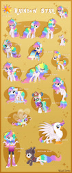 Size: 1280x3046 | Tagged: safe, artist:happy-go-creative, oc, oc:rainbow star, crystal pony, card, clothes, dress, freckles, gala dress, multicolored hair, rainbow hair, reference, reference sheet