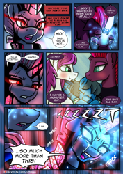 Size: 2480x3508 | Tagged: safe, artist:dsana, tempest shadow, oc, oc:lullaby dusk, oc:thistledown, earth pony, pegasus, pony, unicorn, comic:a storm's lullaby, g4, adopted offspring, angry, armor, canon x oc, comic, cracked horn, crying, crystal armor, earth pony oc, eyes closed, family, female, filly, glowing eyes, glowing horn, high res, horn, lesbian, mare, open mouth, pegasus oc, shipping, tears of anger, tempest gets her horn back