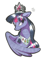Size: 2130x2814 | Tagged: safe, artist:melindaington, twilight sparkle, alicorn, pony, g4, alternate universe, element of generosity, element of honesty, element of kindness, element of laughter, element of loyalty, element of magic, elements of harmony, high res, hornless alicorn, immortality blues, jewelry, magic mark, missing horn, peytral, queen twilight, queen twilight sparkle, sad, scar, simple background, solo, tiara, twilight sparkle (alicorn), white background