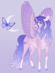 Size: 2171x2880 | Tagged: safe, artist:bluet0ast, oc, oc only, alicorn, butterfly, pony, alicorn oc, colored hooves, crescent moon, curved horn, gradient background, high res, horn, magical lesbian spawn, moon, offspring, parent:fluttershy, parent:princess luna, parents:lunashy, wings