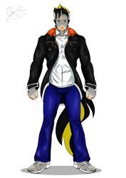 Size: 1000x1416 | Tagged: safe, artist:thedansingpig, oc, oc only, unicorn, anthro, clothes, horn, jacket, male, pants, shoes, signature, simple background, solo, transparent background, unicorn oc