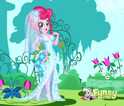 Size: 700x600 | Tagged: safe, artist:connorm1, pinkie pie, cat, equestria girls, g4, :d, bouquet, clothes, dress, female, flower, flower in hair, high heels, marriage, open mouth, outdoors, shoes, smiling, wedding, wedding dress