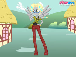 Size: 800x600 | Tagged: safe, artist:connorm1, derpy hooves, pegasus, anthro, g4, building, clothes, female, glasses, hand on hip, outdoors, pants, solo, wings
