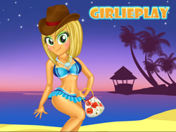 Size: 700x526 | Tagged: safe, artist:connorm1, applejack, equestria girls, g4, beach, bra, clothes, eyelashes, female, handbag, hat, jewelry, makeup, miniskirt, necklace, night, outdoors, pearl necklace, skirt, smiling, solo, stars, underwear