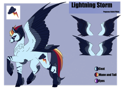 Size: 1920x1358 | Tagged: safe, artist:oneiria-fylakas, oc, oc only, oc:lightning storm, pegasus, pony, colored wings, male, multicolored wings, offspring, parent:rainbow dash, parent:soarin', parents:soarindash, reference sheet, solo, stallion, tail feathers, wings