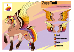 Size: 1920x1358 | Tagged: safe, artist:oneiria-fylakas, oc, oc only, oc:zapp, pegasus, pony, colored wings, female, mare, multicolored wings, offspring, parent:rainbow dash, parent:soarin', parents:soarindash, reference sheet, solo, tail feathers, trail, wings