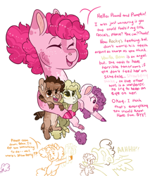 Size: 1687x1980 | Tagged: safe, artist:moccabliss, pinkie pie, pound cake, pumpkin cake, oc, oc:rocky road, oc:strawberry shake, oc:vanilla bean, hippogriff, hybrid, pony, g4, baby, biting, crying, interspecies offspring, magical lesbian spawn, offspring, older, older pound cake, older pumpkin cake, parent:gilda, parent:pinkie pie, parents:gildapie, sharp teeth, teeth