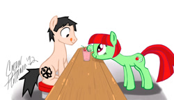 Size: 1000x575 | Tagged: safe, artist:ceehoff, oc, oc:cherry limeade, oc:connor, earth pony, pony, duo, earth pony oc, eyelashes, female, licking, licking lips, male, mare, signature, simple background, sitting, smiling, stallion, stool, tongue out, white background