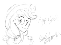 Size: 1065x798 | Tagged: safe, artist:ceehoff, applejack, human, g4, bust, eyelashes, female, freckles, hat, humanized, lineart, monochrome, signature, simple background, smiling, solo, white background