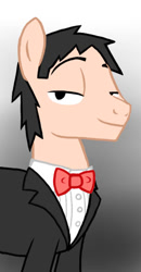 Size: 334x641 | Tagged: safe, artist:ceehoff, oc, oc only, oc:connor, earth pony, pony, fanfic:equestria's first human, bedroom eyes, bowtie, bust, clothes, earth pony oc, gradient background, male, signature, stallion, suit