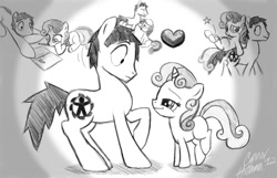 Size: 1078x694 | Tagged: safe, artist:ceehoff, sweetie belle, oc, oc:connor, earth pony, pony, unicorn, fanfic:equestria's first human, g4, bedroom eyes, book, earth pony oc, female, filly, grayscale, male, monochrome, petting, ponies riding ponies, raised hoof, reading, riding, signature, stallion, wide eyes