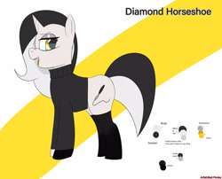 Size: 3486x2818 | Tagged: safe, artist:bestponies, oc, oc only, oc:diamond horseshoe, pony, unicorn, bedroom eyes, clothes, cutie mark, dialogue, eyeshadow, female, glasses, high res, horn, makeup, mare, open mouth, open smile, reference sheet, smiling, socks, solo, sweater, unicorn oc