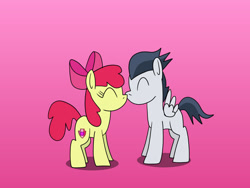 Size: 1280x960 | Tagged: safe, artist:platinumdrop, apple bloom, rumble, earth pony, pegasus, pony, g4, colt, female, filly, gradient background, kissing, male, request, shipping, simple background, straight