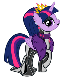 Size: 5483x6766 | Tagged: safe, artist:severity-gray, derpibooru exclusive, twilight sparkle, alicorn, pony, g4, alternate hairstyle, bedroom eyes, choker, clothes, collar, crown, dress, ear piercing, eyeshadow, feather boa, female, hobble skirt, horn, jewelry, latex, latex dress, lipstick, looking at you, makeup, mare, piercing, regalia, simple background, solo, transparent background, twilight sparkle (alicorn), wings