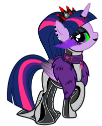 Size: 5483x6766 | Tagged: safe, alternate version, artist:severity-gray, derpibooru exclusive, twilight sparkle, alicorn, pony, g4, alternate hairstyle, bedroom eyes, choker, clothes, collar, corrupted, corrupted twilight sparkle, crown, dark magic, dress, ear piercing, eyeshadow, feather boa, female, glowing eyes, hobble skirt, horn, jewelry, latex, latex dress, lipstick, looking at you, magic, makeup, mare, piercing, regalia, simple background, solo, sombra eyes, transparent background, twilight sparkle (alicorn), wings