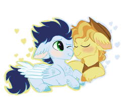 Size: 2059x1802 | Tagged: safe, artist:moccabliss, braeburn, soarin', earth pony, pegasus, pony, g4, duo, gay, lying down, male, prone, ship:soarburn, shipping, simple background, stallion, transparent background