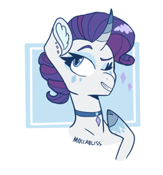 Size: 1491x1592 | Tagged: safe, artist:moccabliss, rarity, pony, g4, bust, choker, cloven hooves, curved horn, ear fluff, horn, portrait, solo, style emulation