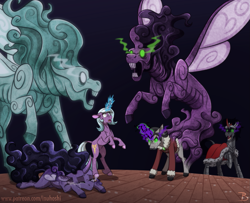 Size: 1449x1178 | Tagged: safe, artist:inuhoshi-to-darkpen, idw, king sombra, rabia, radiant hope, oc, oc:noche, pony, umbrum, unicorn, g4, female, glowing horn, horn, male, mare, parents:hopebra, reformed sombra, stallion, story in the source