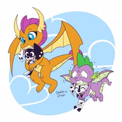 Size: 2048x2048 | Tagged: safe, artist:chelledoggo, smolder, spike, dalmatian, dog, dragon, g4, 101 dalmatian street, 101 dalmatians, cloud, crossover, dee dee (101 dalmatian street), dizzy (101 dalmatian street), dragoness, female, flying, high res, laughing, sky, smiling, winged spike, wings