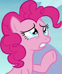 Size: 874x1044 | Tagged: safe, screencap, pinkie pie, earth pony, pony, g4, the maud couple, cropped, crying, female, mare, raised hoof, sad, solo, teary eyes, teeth