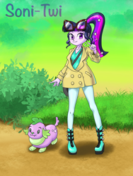 Size: 1668x2224 | Tagged: safe, artist:xjleiu, sci-twi, spike, spike the regular dog, twilight sparkle, dog, yamper, equestria girls, g4, boots, clothes, clothes swap, cosplay, costume, duo, female, glasses, jacket, pokemon sword and shield, pokémon, ponytail, satchel, shoes, sonia (pokémon)