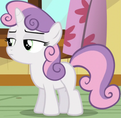 Size: 835x812 | Tagged: safe, screencap, sweetie belle, pony, unicorn, bloom & gloom, g4, clubhouse, cropped, crusaders clubhouse, disapproval, female, filly, solo, sweetie belle is not amused, unamused