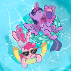 Size: 2048x2048 | Tagged: safe, artist:pfeffaroo, pinkie pie, twilight sparkle, alicorn, earth pony, pony, g4, book, duo, female, floaty, glowing horn, high res, horn, inner tube, magic, mare, smiling, sunglasses, swimming, telekinesis, twilight sparkle (alicorn), underhoof, water