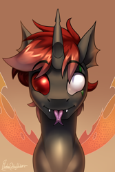 Size: 2000x3000 | Tagged: safe, artist:jedayskayvoker, oc, oc only, oc:skuler, changeling, changeling oc, fangs, gradient background, heterochromia, high res, male, red changeling, scar, smiling, solo, stallion, tongue out