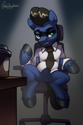 Size: 2000x3000 | Tagged: safe, artist:jedayskayvoker, oc, oc only, oc:sky nightfly, pegasus, pony, chair, clothes, coffee, colored, colored sketch, explicit source, eyebrows, eyeshadow, full color, high res, makeup, male, necktie, shirt, sketch, solo, stallion, table