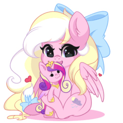 Size: 1080x1080 | Tagged: source needed, safe, artist:yomechka, princess cadance, oc, oc only, oc:bay breeze, alicorn, pegasus, pony, g4, animated, bow, cadance plushie, commission, cute, female, gif, hair bow, heart eyes, mare, mouth hold, ocbetes, pegasus oc, plushie, simple background, sitting, solo, tail bow, tail wag, white background, wingding eyes, ych animation, ych result