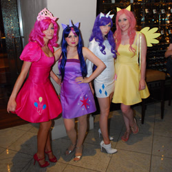 Size: 650x650 | Tagged: safe, fluttershy, pinkie pie, rarity, twilight sparkle, human, g4, clothes, cosplay, costume, hand on hip, high heels, irl, irl human, photo, shoes