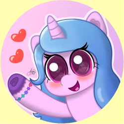 Size: 1280x1280 | Tagged: safe, artist:limitmj, izzy moonbow, pony, unicorn, g5, abstract background, blushing, bracelet, cute, female, heart, izzybetes, jewelry, looking at you, mare, open mouth, solo, unshorn fetlocks