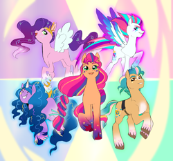Size: 2750x2558 | Tagged: safe, artist:aztrial, hitch trailblazer, izzy moonbow, pipp petals, sunny starscout, zipp storm, earth pony, pegasus, pony, unicorn, g5, my little pony: a new generation, adorapipp, blaze (coat marking), coat markings, crown, curly mane, cute, facial markings, female, here we go again, high res, history repeats itself, jewelry, male, mane five, mare, mohawk, pale belly, rainbow power, rainbow power-ified, raised hoof, regalia, royal sisters (g5), siblings, sisters, socks (coat markings), stallion, unshorn fetlocks