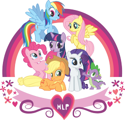 Size: 2048x1962 | Tagged: artist needed, safe, alternate version, applejack, fluttershy, pinkie pie, rainbow dash, rarity, spike, twilight sparkle, dragon, earth pony, pegasus, pony, unicorn, g4, applejack's hat, cowboy hat, crouching, design, female, flower, flying, grin, hat, heart, lying down, male, mane seven, mane six, mare, open mouth, open smile, prone, simple background, smiling, stars, stock vector, text, transparent background, vector, zazzle
