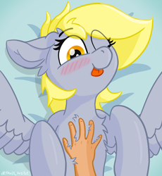 Size: 4000x4348 | Tagged: safe, artist:d3f4ult_4rt1st, derpy hooves, human, pegasus, pony, g4, blushing, chest fluff, cute, derpabetes, ear fluff, floppy ears, hand, human on pony petting, lying down, on back, one eye closed, petting, solo focus, spread wings, tongue out, wings