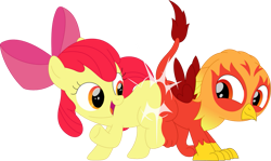 Size: 1159x690 | Tagged: safe, artist:porygon2z, apple bloom, oc, oc:heatwave, earth pony, griffon, pony, g4, butt bump, butt to butt, butt touch, duo, female, filly, simple background, transparent background
