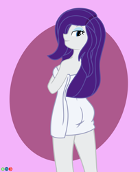 Size: 2210x2713 | Tagged: safe, artist:dnastudiobrony, rarity, equestria girls, g4, after shower, ass, bedroom eyes, breasts, butt, eyebrows, eyebrows visible through hair, female, high res, looking at you, looking back, looking back at you, naked towel, rear view, rearity, sexy, simple background, smiling, smiling at you, solo, towel, wet, wet mane, wet mane rarity